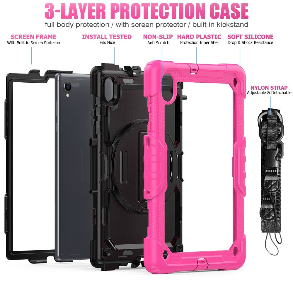 For Lenovo M10 Plus / Smart Tab M10 FHD Plus Silicone+PC Tablet Case Hand Strap Kickstand Shockproof Cover with Shoulder Strap - Rose