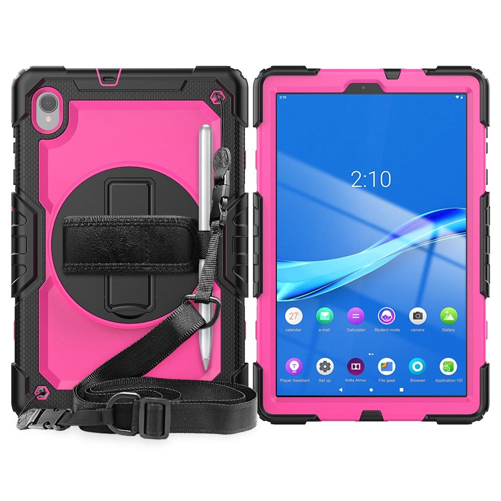 For Lenovo M10 Plus / Smart Tab M10 FHD Plus Silicone+PC Tablet Case Hand Strap Kickstand Shockproof Cover with Shoulder Strap - Rose PC / Black