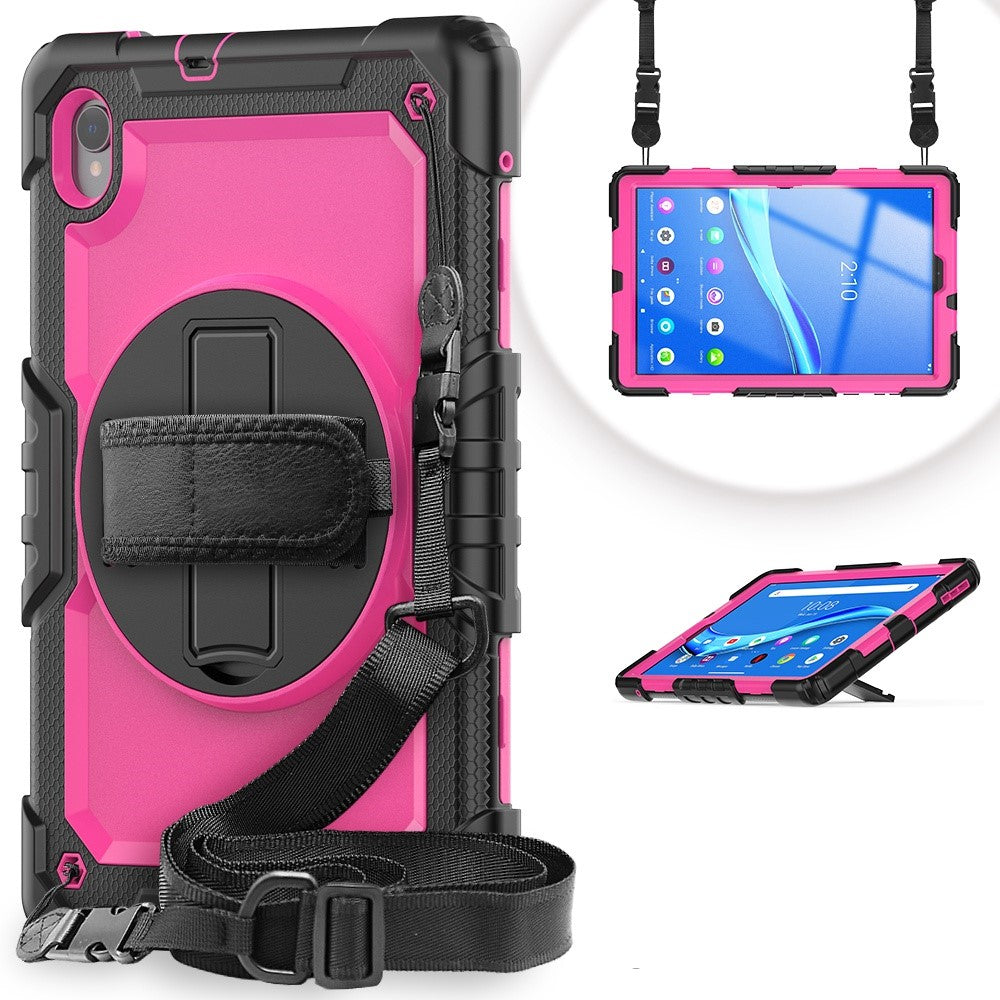For Lenovo M10 Plus / Smart Tab M10 FHD Plus Silicone+PC Tablet Case Hand Strap Kickstand Shockproof Cover with Shoulder Strap - Rose PC / Black
