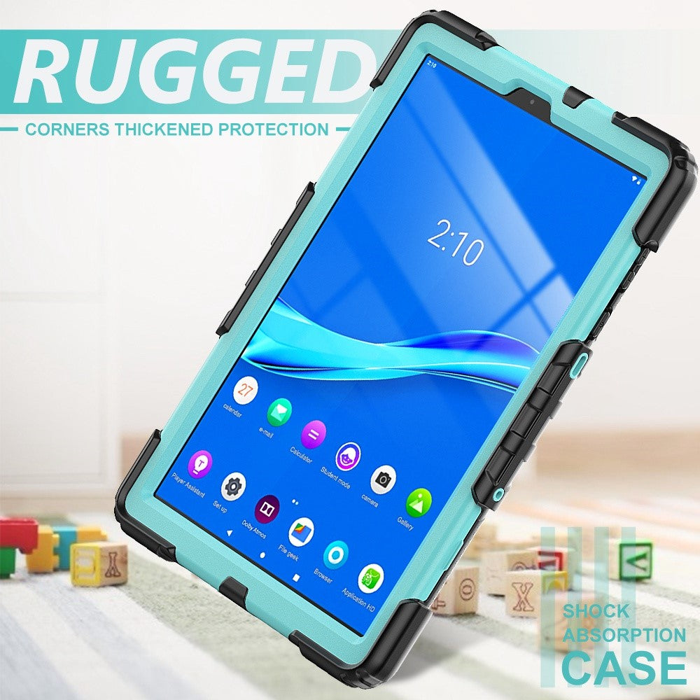 For Lenovo M10 Plus / Smart Tab M10 FHD Plus Silicone+PC Tablet Case Hand Strap Kickstand Shockproof Cover with Shoulder Strap - Cyan PC / Black
