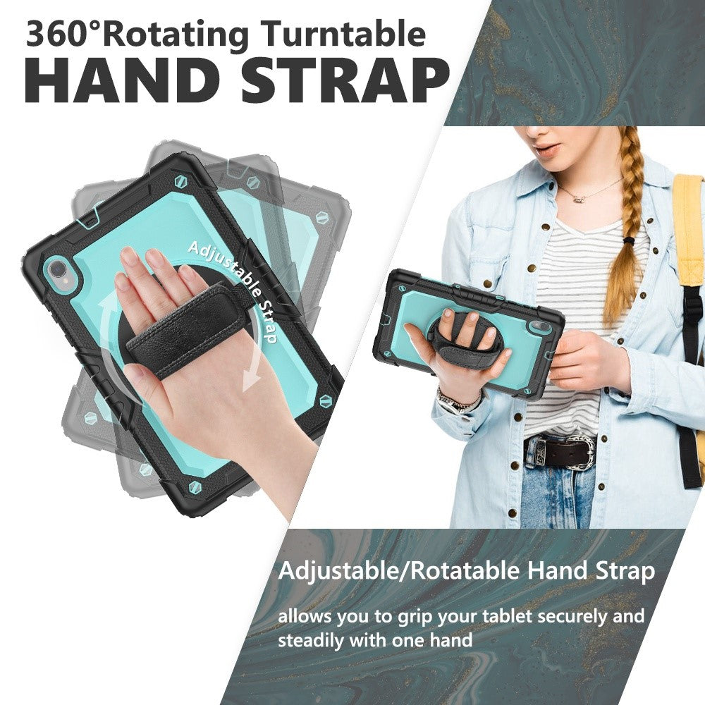 For Lenovo M10 Plus / Smart Tab M10 FHD Plus Silicone+PC Tablet Case Hand Strap Kickstand Shockproof Cover with Shoulder Strap - Cyan PC / Black