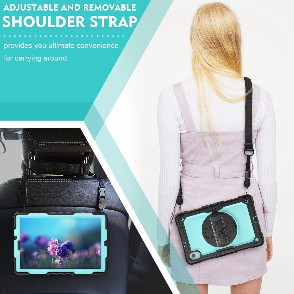 For Lenovo M10 Plus / Smart Tab M10 FHD Plus Silicone+PC Tablet Case Hand Strap Kickstand Shockproof Cover with Shoulder Strap - Cyan PC / Black