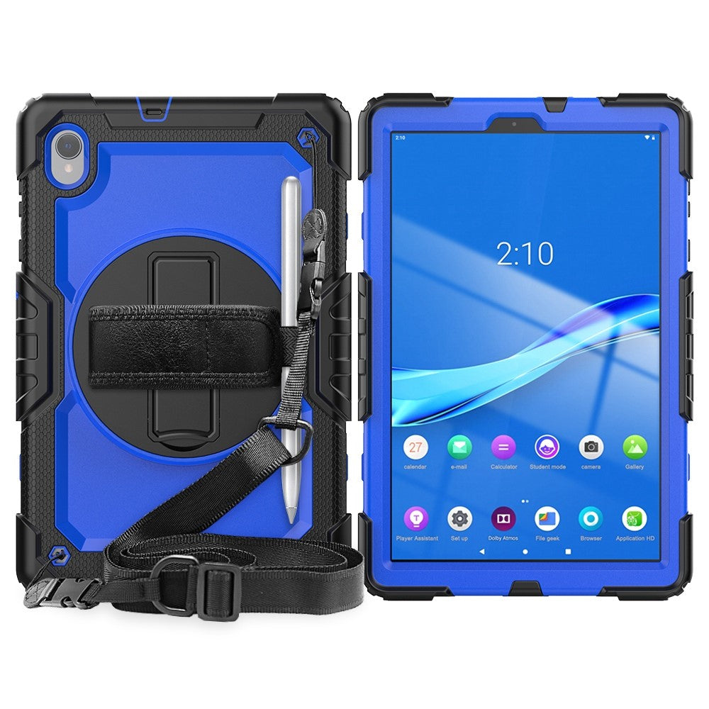 For Lenovo M10 Plus / Smart Tab M10 FHD Plus Silicone+PC Tablet Case Hand Strap Kickstand Shockproof Cover with Shoulder Strap - Blue PC / Black