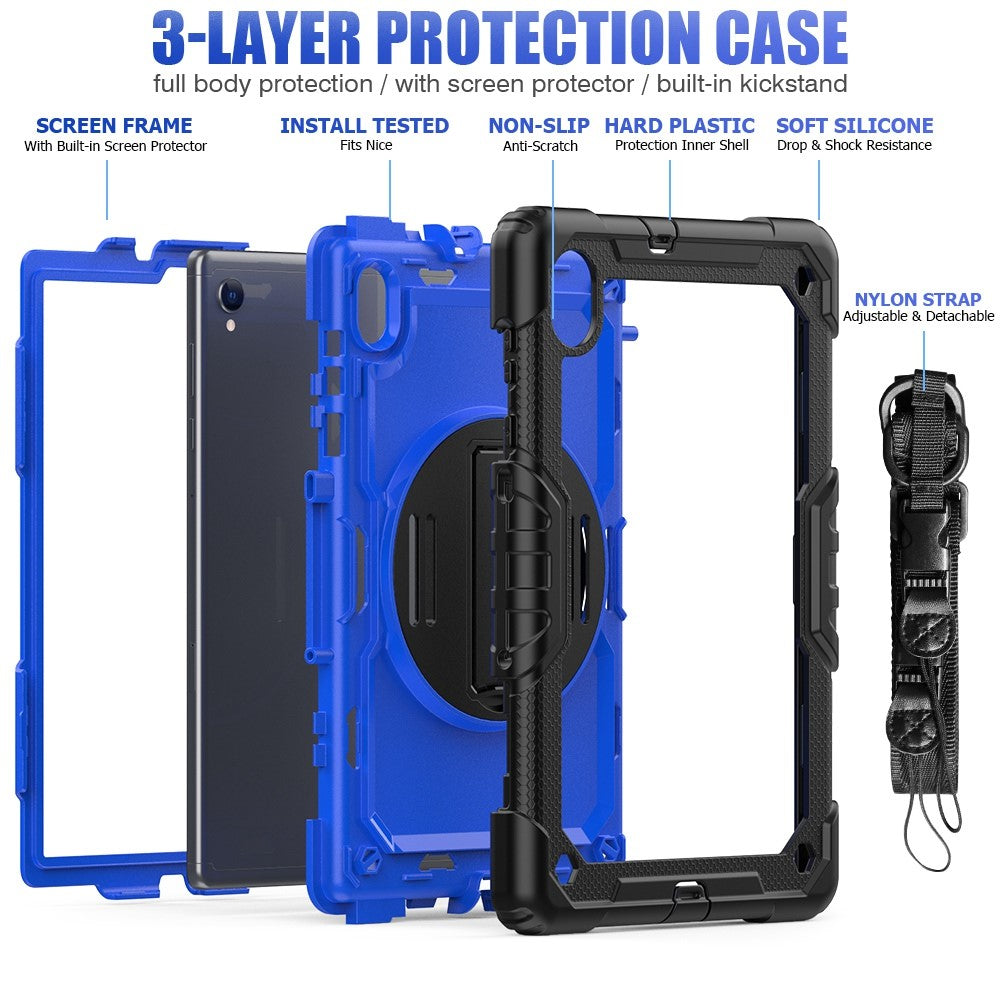 For Lenovo M10 Plus / Smart Tab M10 FHD Plus Silicone+PC Tablet Case Hand Strap Kickstand Shockproof Cover with Shoulder Strap - Blue PC / Black