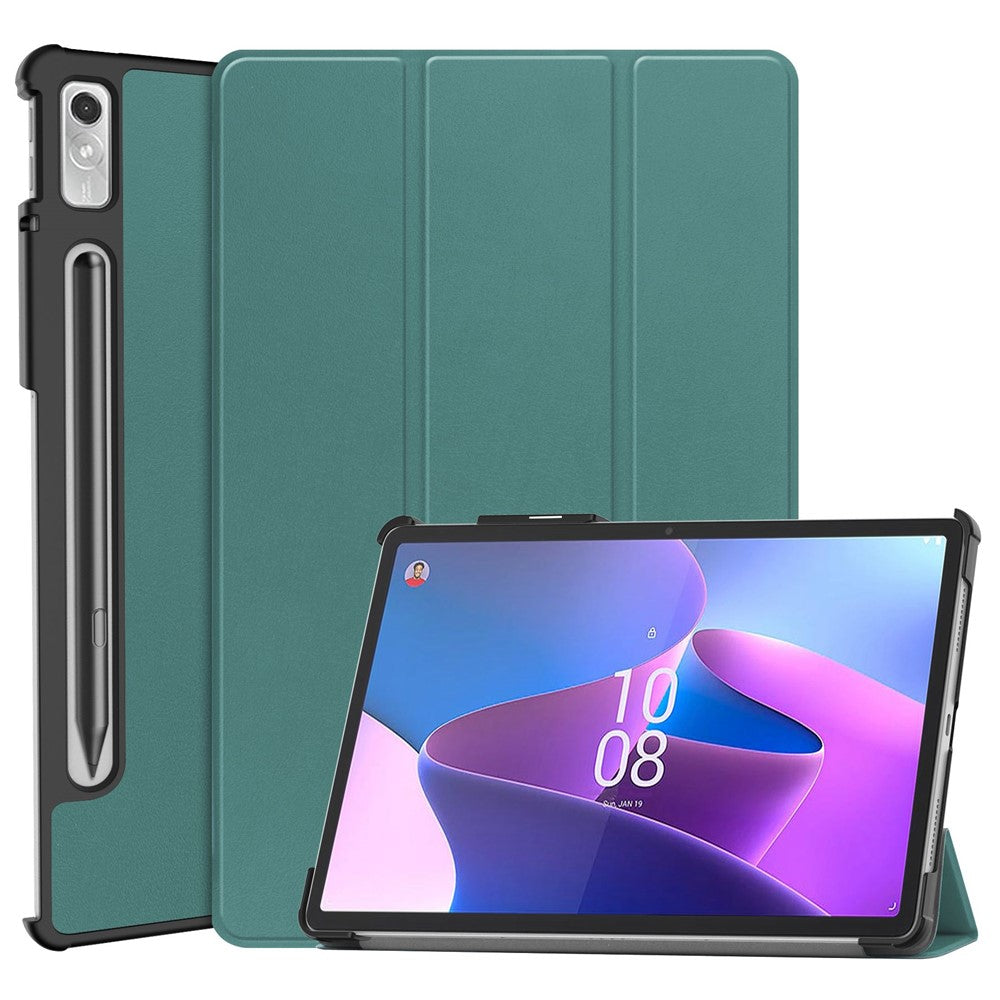 For Lenovo Tab P11 Pro Gen 2 Tri-fold Stand PU Leather Tablet Case Auto Wake / Sleep Function Drop-proof Cover - Blackish Green