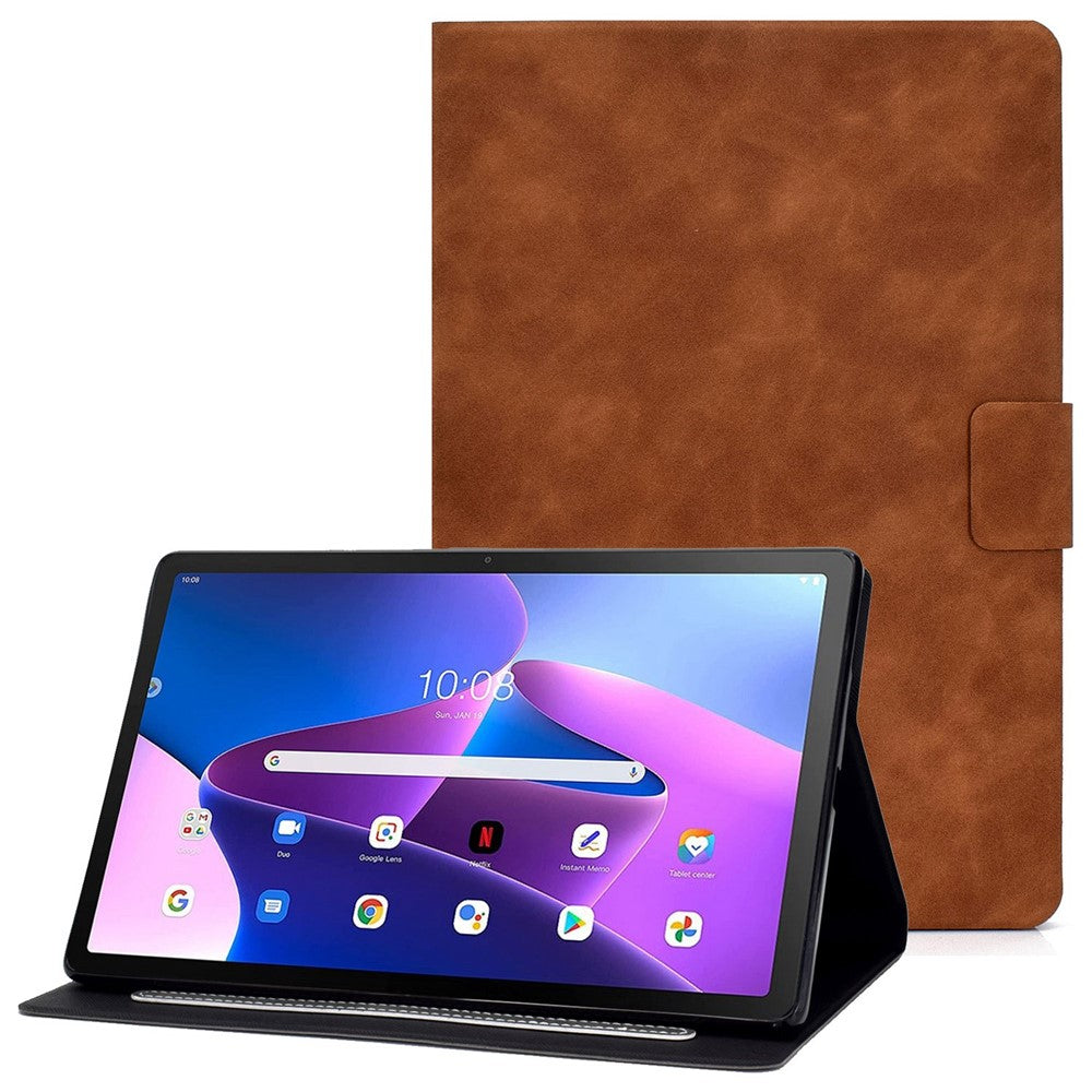 For Lenovo M10 FHD REL / M10 Plus X606F PU Leather Tablet Shell Cover Solid Color Folio Stand Magnetic Protective Case with Card Slots - Brown