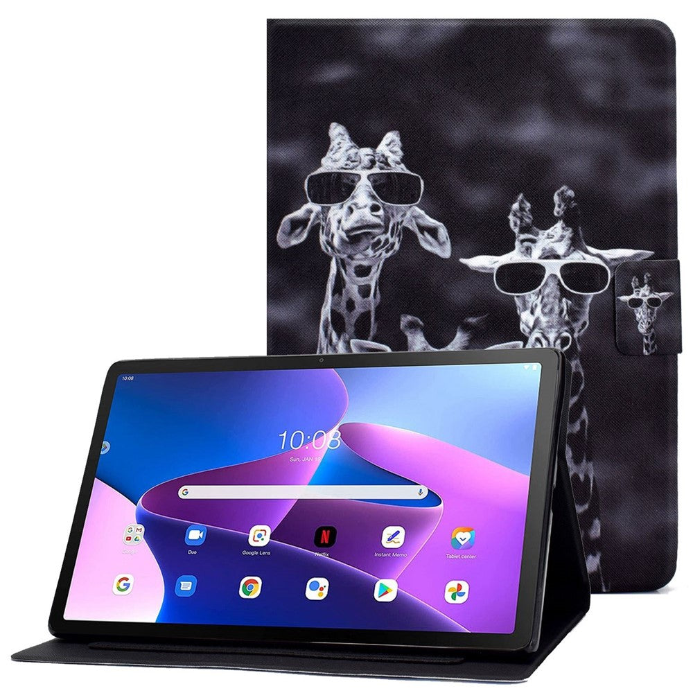 For Lenovo M10 FHD REL / Tab M10 Plus TB-X606F Pattern Printing Tablet Case Card Holder PU Leather Stand Cover - Three Giraffes