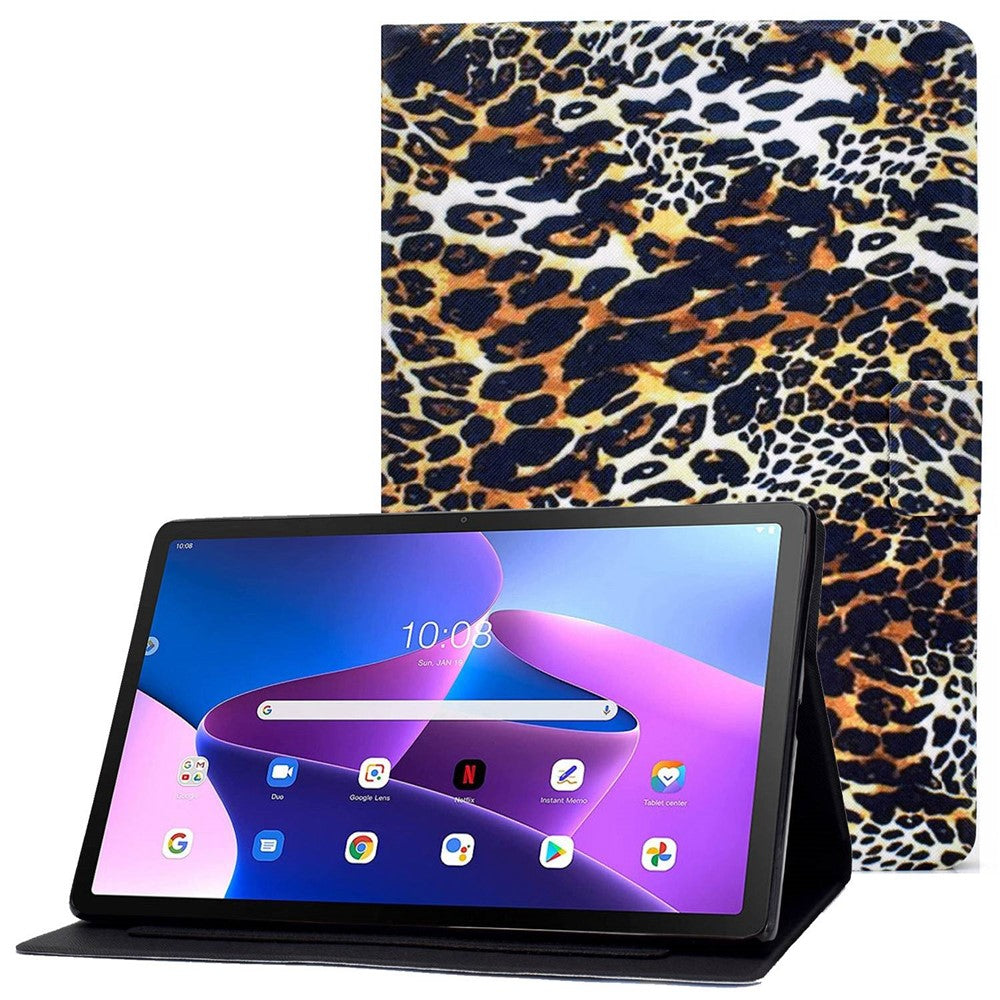 For Lenovo M10 FHD REL / Tab M10 Plus TB-X606F Pattern Printing Tablet Case Card Holder PU Leather Stand Cover - Leopard Print