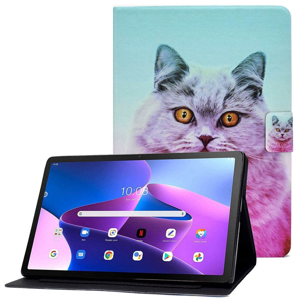 For Lenovo M10 FHD REL / Tab M10 Plus TB-X606F Pattern Printing Tablet Case Card Holder PU Leather Stand Cover - Pink Cat