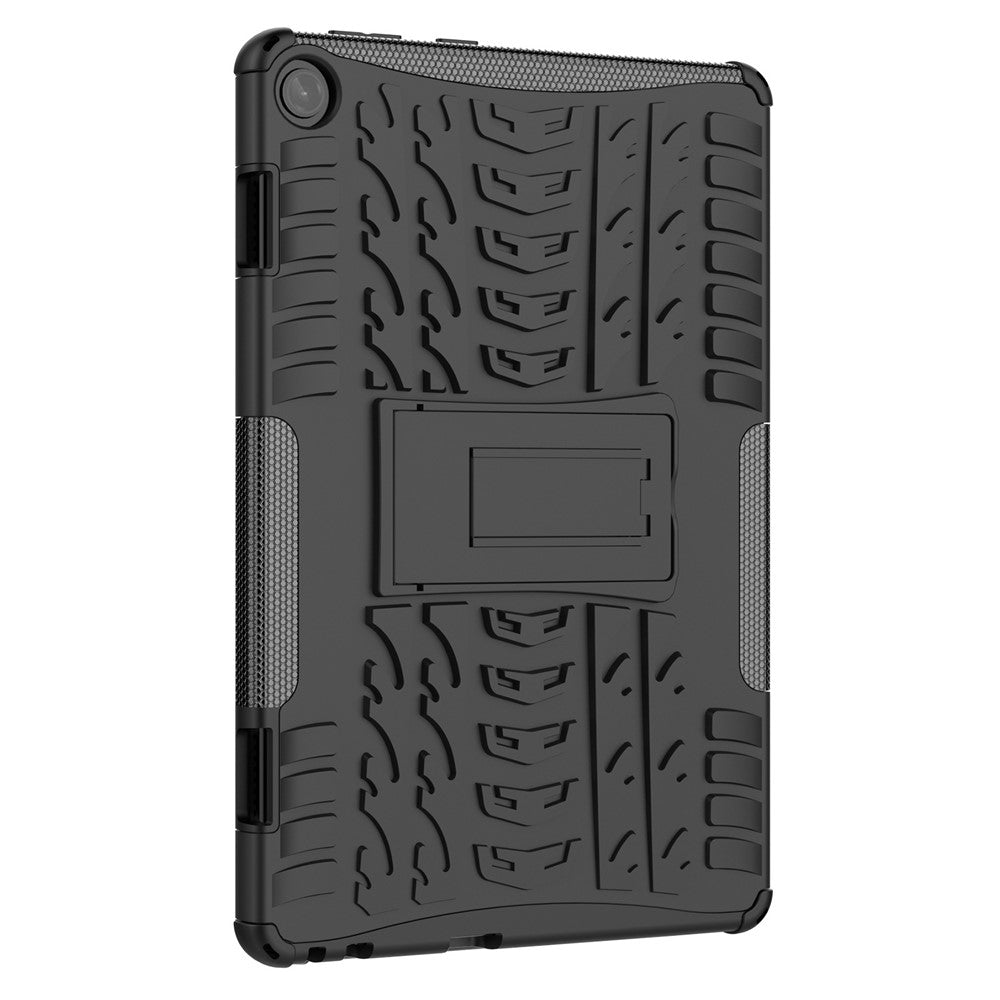 For Lenovo Tab M10 (Gen 3) TB-328FU / TB-328XU Tire Texture Anti-Slip Case Drop Protection Hybrid PC+TPU Shockproof Cover with Kickstand - Black