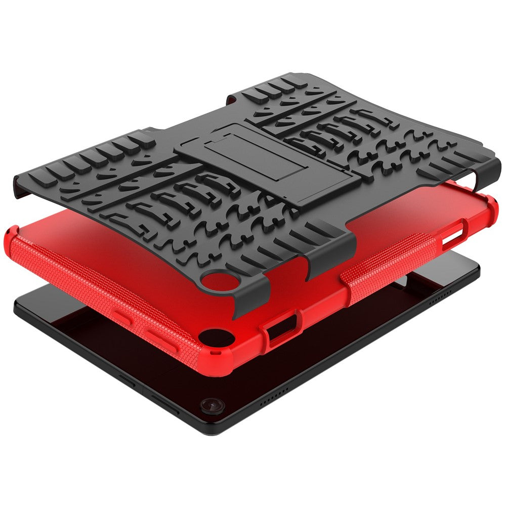 For Lenovo Tab M10 (Gen 3) TB-328FU / TB-328XU Tire Texture Anti-Slip Case Drop Protection Hybrid PC+TPU Shockproof Cover with Kickstand - Red