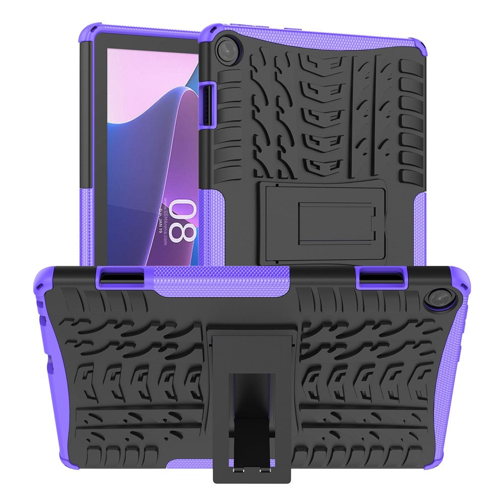 For Lenovo Tab M10 (Gen 3) TB-328FU / TB-328XU Tire Texture Anti-Slip Case Drop Protection Hybrid PC+TPU Shockproof Cover with Kickstand - Purple