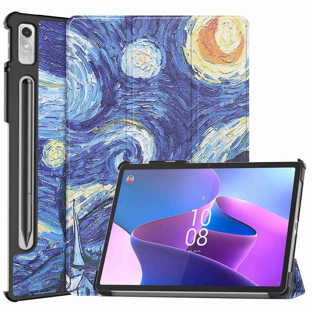 For Lenovo Tab P11 Pro Gen 2 Tri-Fold Stand Tablet Case Pattern Printing PU Leather Auto Wake / Sleep Cover with Pencil Holder - Starry Sky
