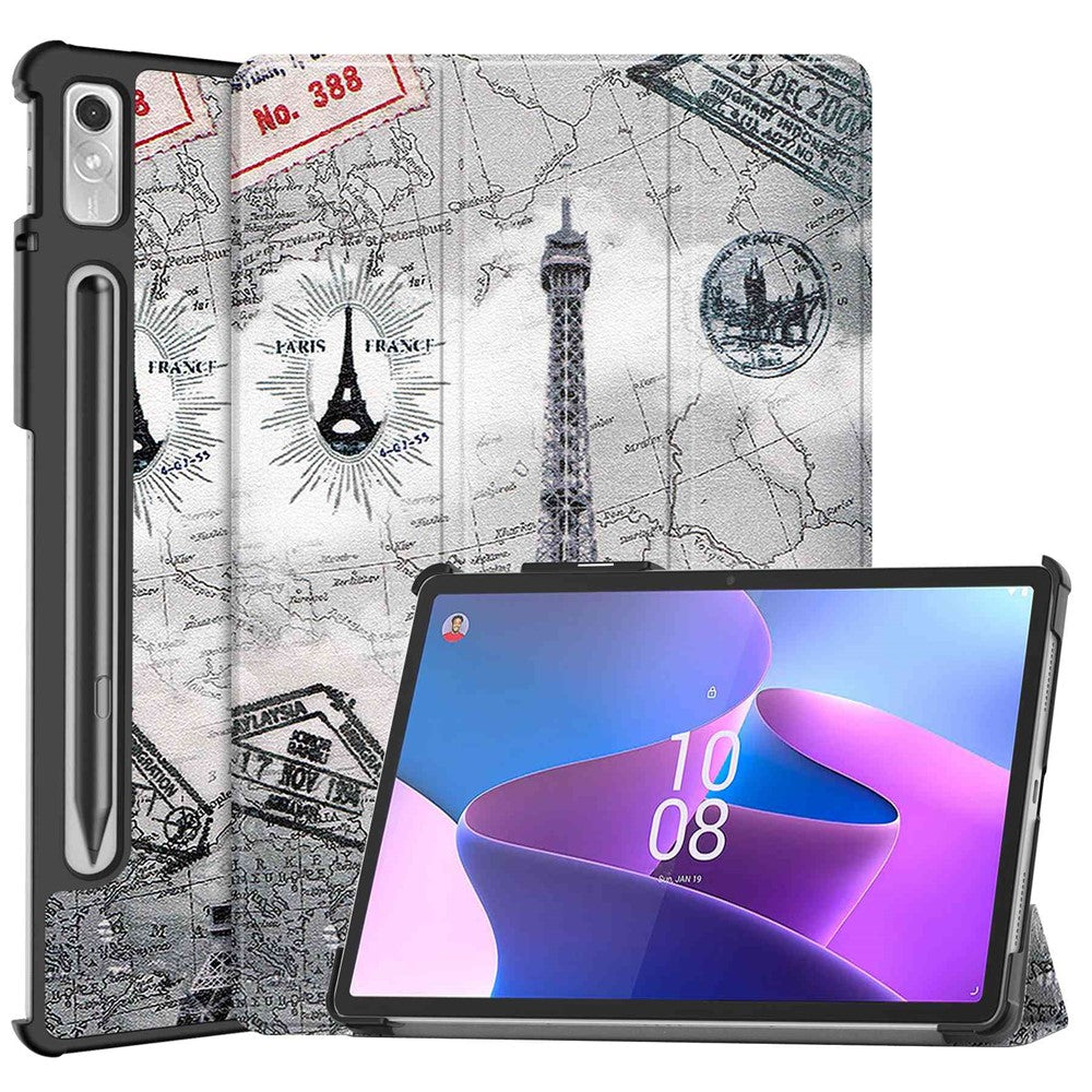 For Lenovo Tab P11 Pro Gen 2 Tri-Fold Stand Tablet Case Pattern Printing PU Leather Auto Wake / Sleep Cover with Pencil Holder - Vintage Tower