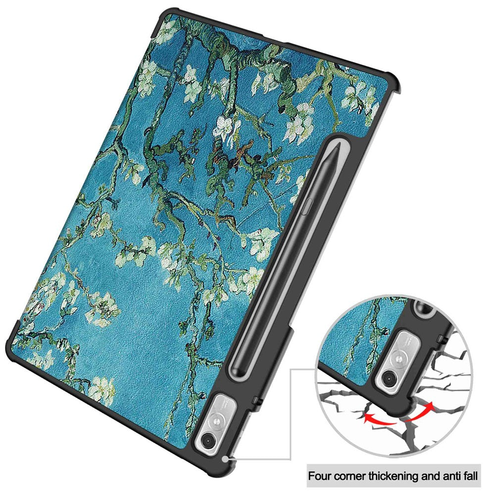 For Lenovo Tab P11 Pro Gen 2 Tri-Fold Stand Tablet Case Pattern Printing PU Leather Auto Wake / Sleep Cover with Pencil Holder - Apricot Blossom