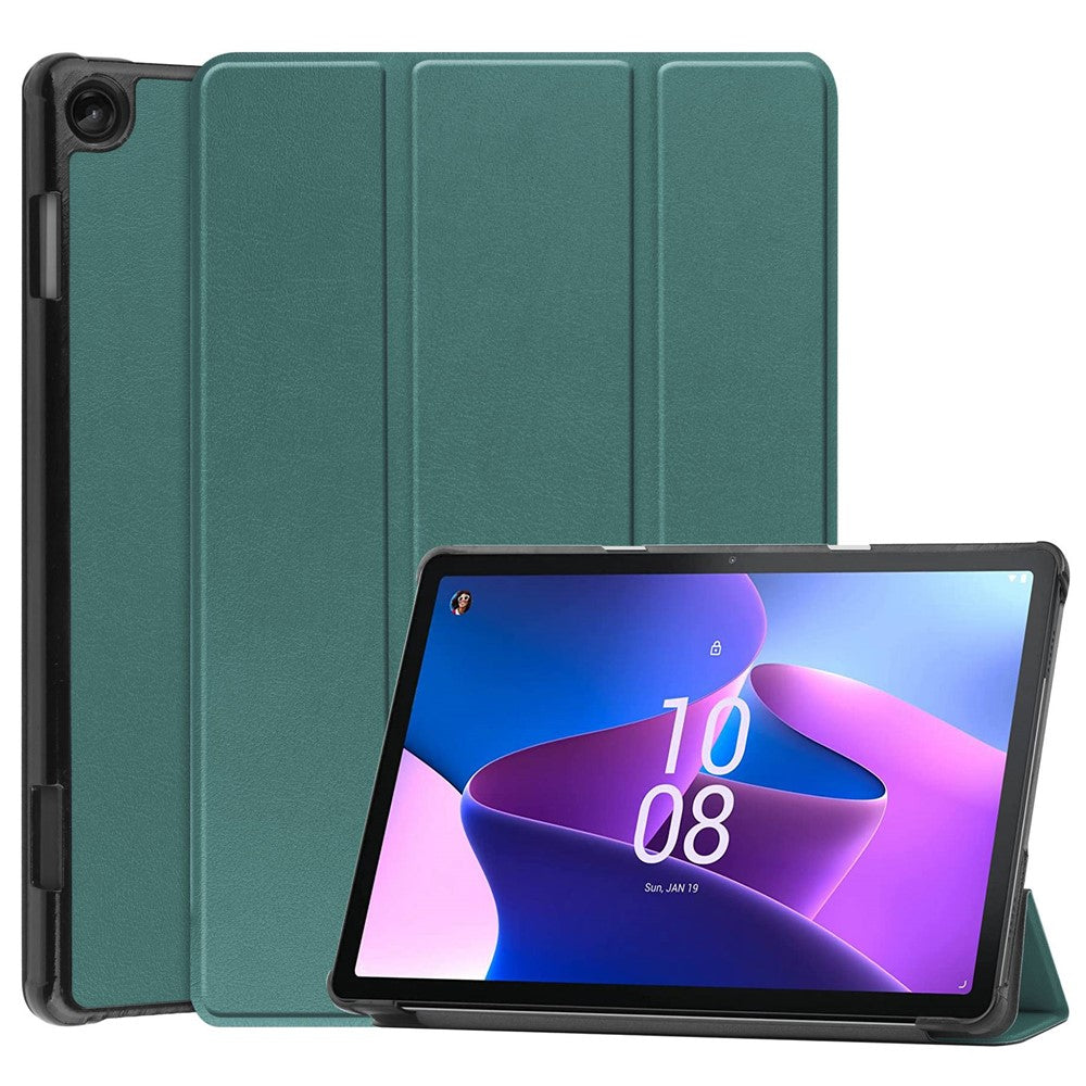 For Lenovo Tab M10 (Gen 3) TB-328FU/TB-328XU PU Leather Trifold Stand Cover Auto Sleep/Wake Case - Blackish Green