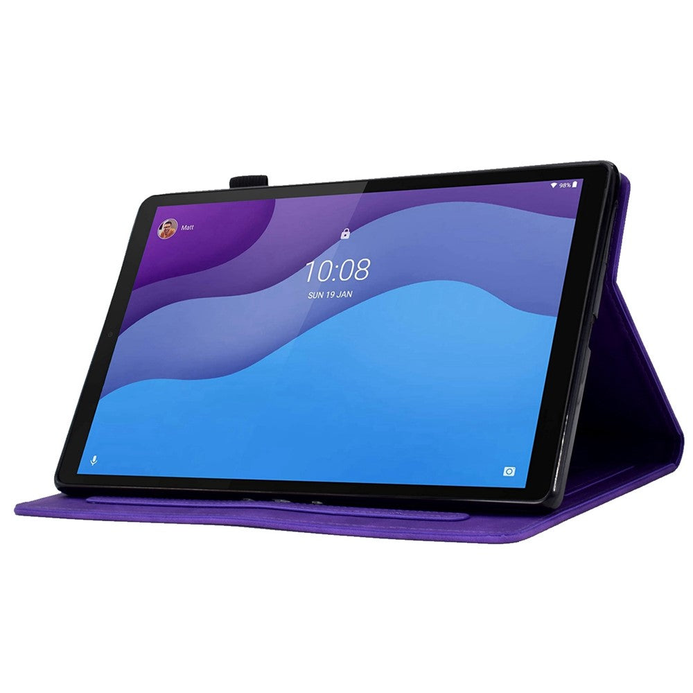 For Lenovo Tab M10 HD Gen 2 X306 10.1" PU Leather Folio Stand Case Pattern Imprinted Magnetic Clasp Smart Cover with Card Slots and Pen Holder - Purple