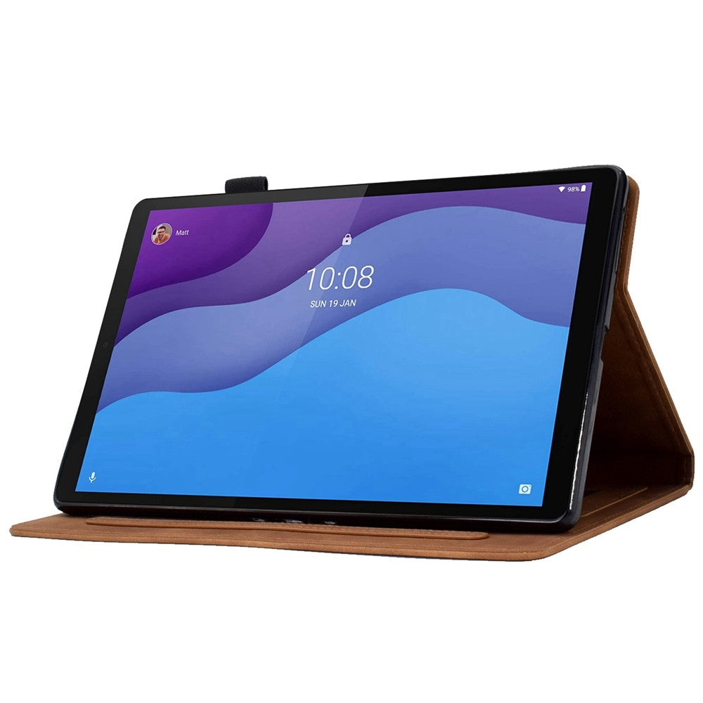 For Lenovo Tab M10 HD Gen 2 X306 10.1" PU Leather Folio Stand Case Pattern Imprinted Magnetic Clasp Smart Cover with Card Slots and Pen Holder - Brown