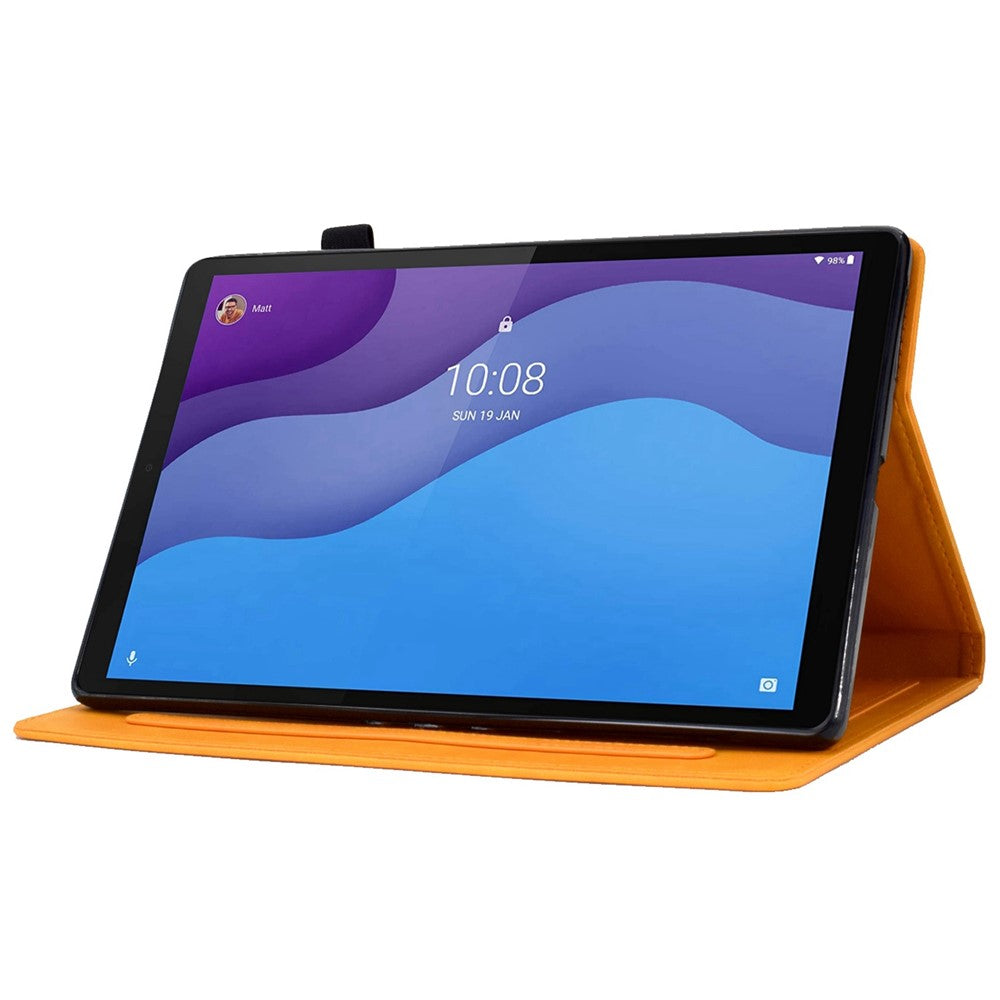 For Lenovo Tab M10 HD Gen 2 X306 10.1" PU Leather Folio Stand Case Pattern Imprinted Magnetic Clasp Smart Cover with Card Slots and Pen Holder - Orange