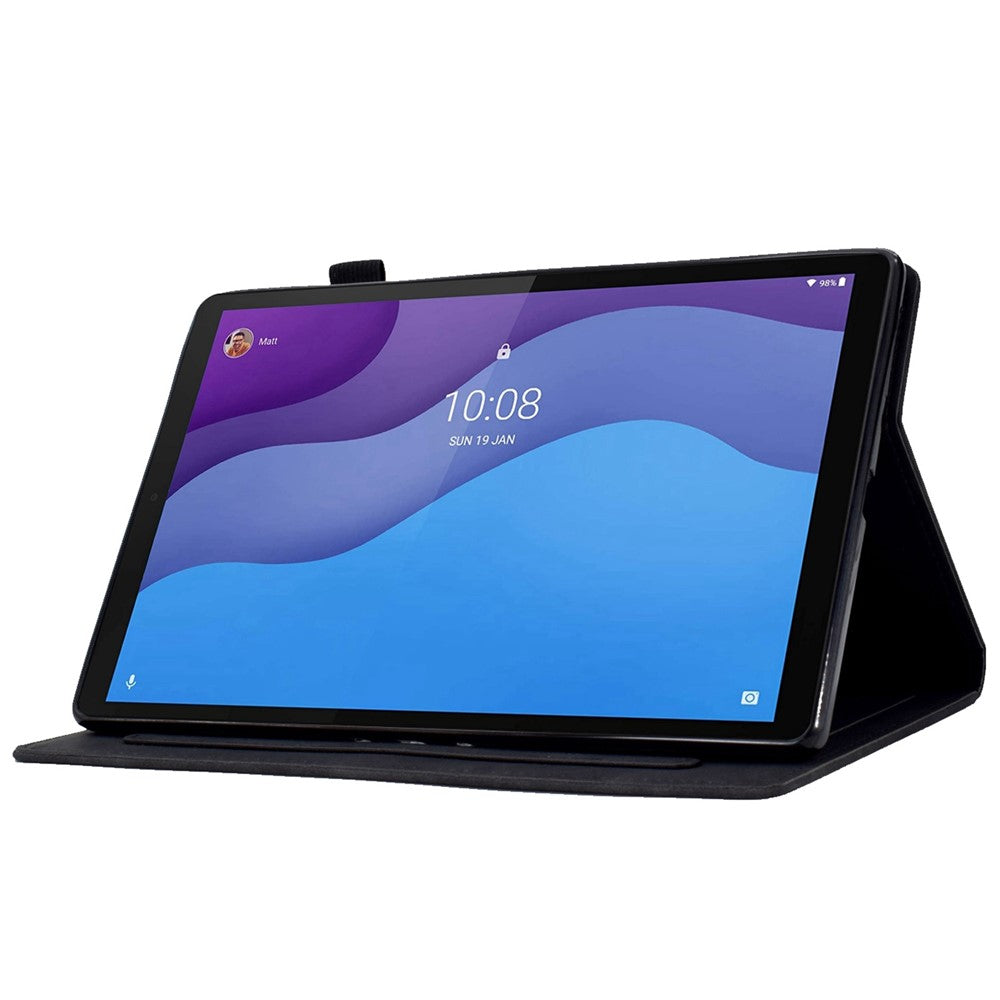 For Lenovo Tab M10 HD Gen 2 X306 10.1" PU Leather Folio Stand Case Pattern Imprinted Magnetic Clasp Smart Cover with Card Slots and Pen Holder - Black