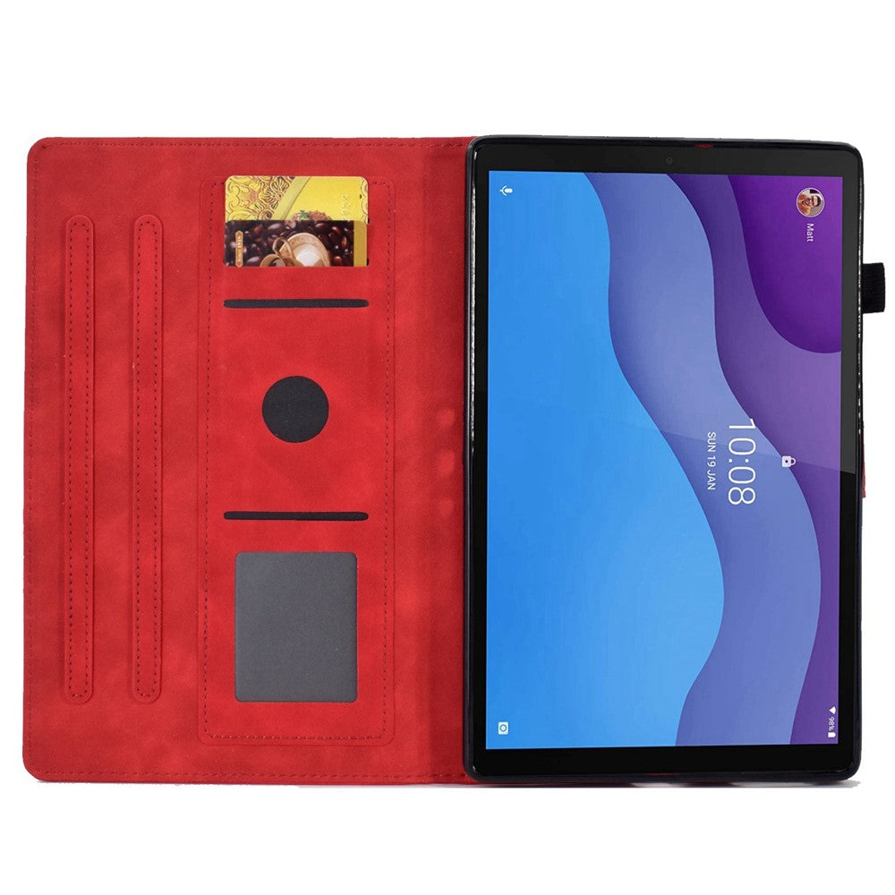 For Lenovo Tab M10 HD Gen 2 X306 10.1" PU Leather Folio Stand Case Pattern Imprinted Magnetic Clasp Smart Cover with Card Slots and Pen Holder - Red