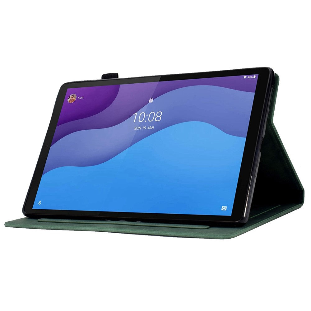 For Lenovo Tab M10 HD Gen 2 X306 10.1" PU Leather Folio Stand Case Pattern Imprinted Magnetic Clasp Smart Cover with Card Slots and Pen Holder - Green