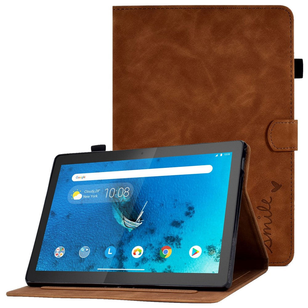 Smart Tablet Leather Case for Lenovo Tab M10 TB-X605F, Anti-scratch Imprinted Pattern Auto Sleep / Wake Up Cover with Card Slots - Brown