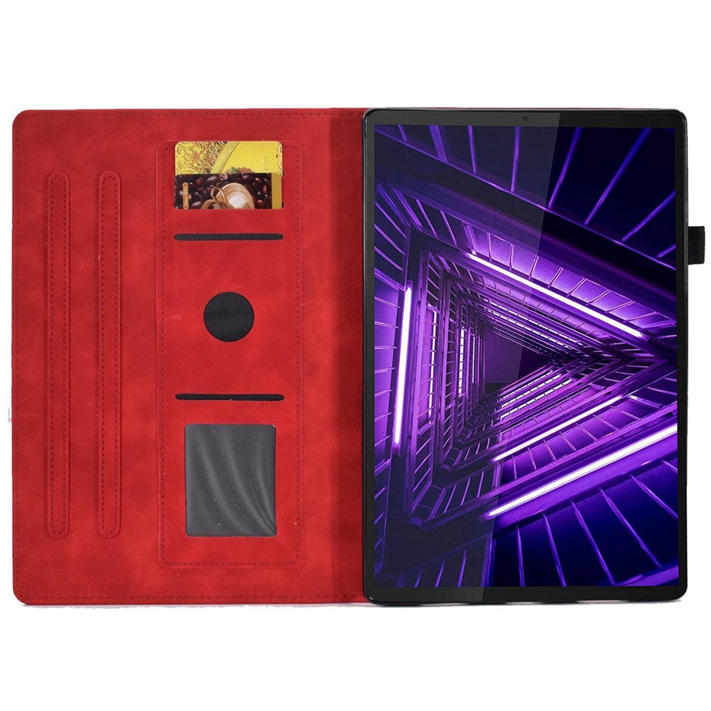 For Lenovo Tab M10 Plus Auto Sleep / Wake Up Smart Tablet Protection Cover Stand Built-in Card Slots Imprinted Pattern Leather Case - Red
