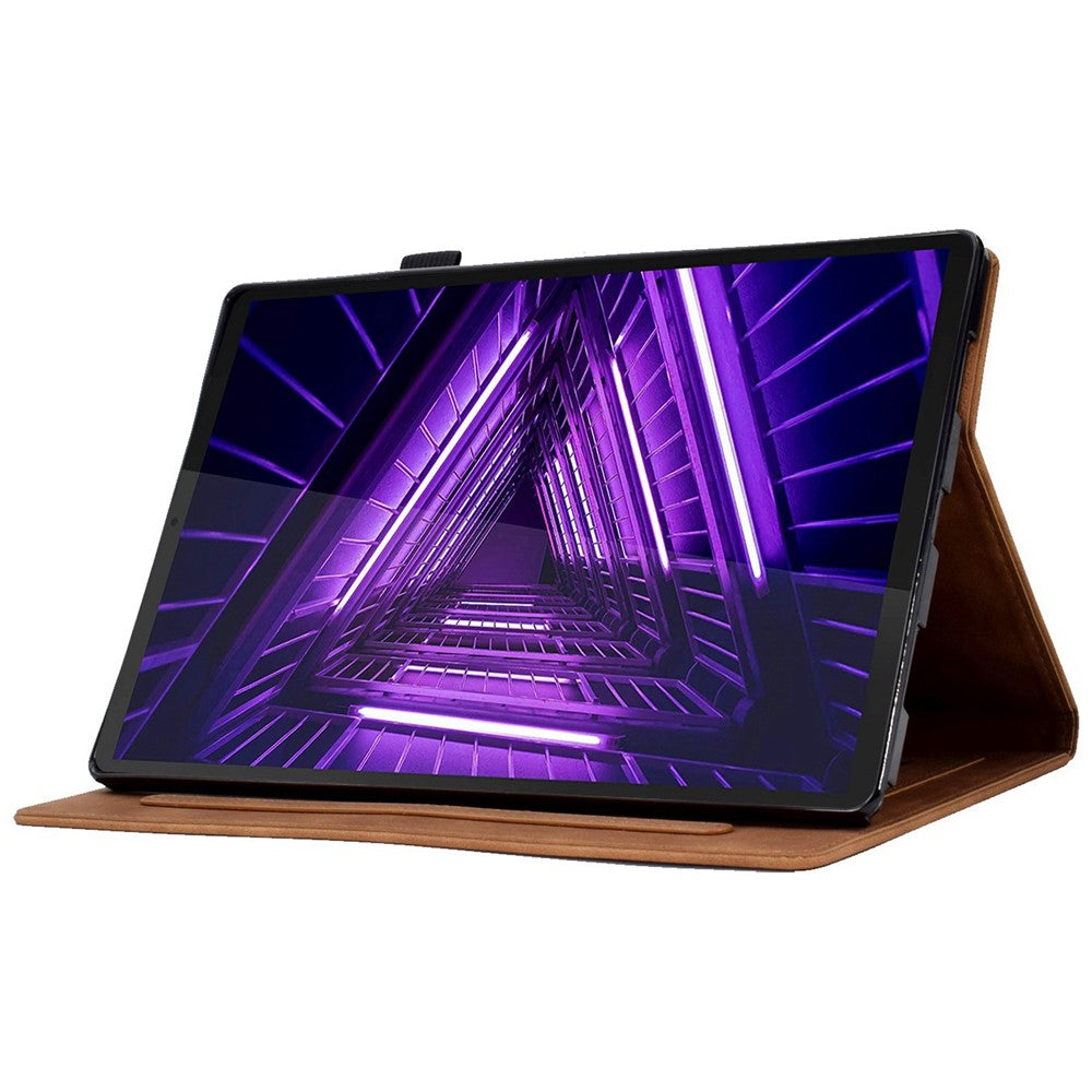 For Lenovo Tab M10 Plus Auto Sleep / Wake Up Smart Tablet Protection Cover Stand Built-in Card Slots Imprinted Pattern Leather Case - Brown