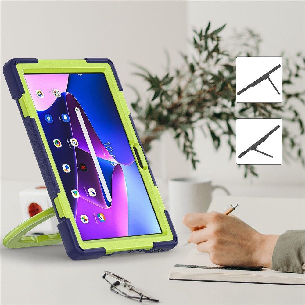 For Lenovo Tab M10 (Gen 3) TB-328FU / TB-328XU PC + Silicone Tablet Case Hand Grip Rotary Kickstand Drop-proof Protective Cover - Navy Blue / Yellowgreen
