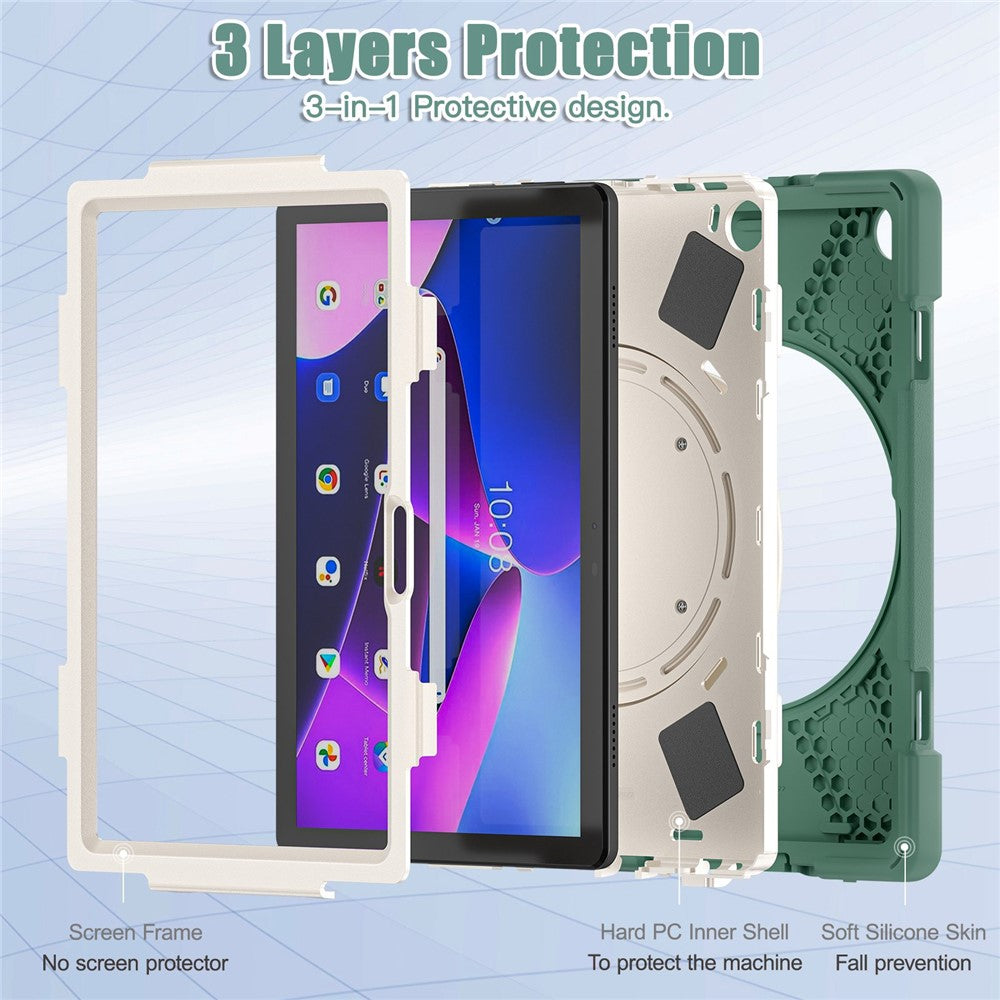 For Lenovo Tab M10 (Gen 3) TB-328FU / TB-328XU PC + Silicone Tablet Case Hand Grip Rotary Kickstand Drop-proof Protective Cover - Dark Green