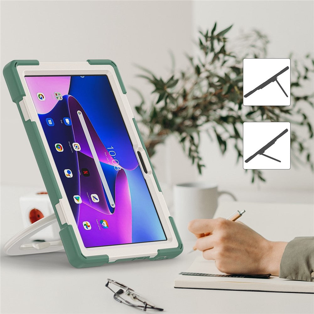 For Lenovo Tab M10 (Gen 3) TB-328FU / TB-328XU PC + Silicone Tablet Case Hand Grip Rotary Kickstand Drop-proof Protective Cover - Dark Green