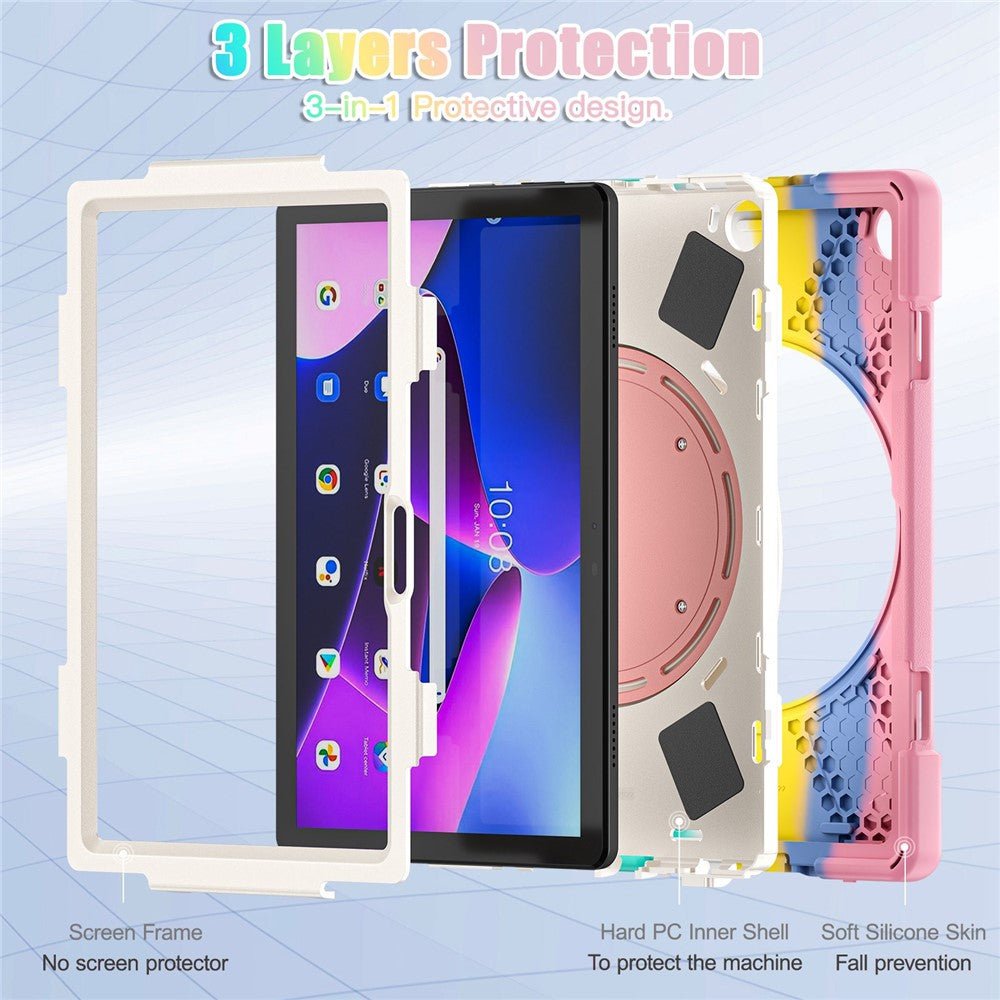 For Lenovo Tab M10 (Gen 3) TB-328FU / TB-328XU PC + Silicone Tablet Case Hand Grip Rotary Kickstand Drop-proof Protective Cover - Colorful Pink