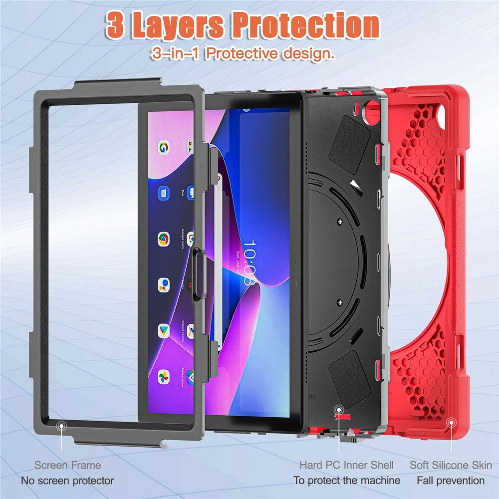 For Lenovo Tab M10 (Gen 3) TB-328FU / TB-328XU PC + Silicone Tablet Case Hand Grip Rotary Kickstand Drop-proof Protective Cover - Red