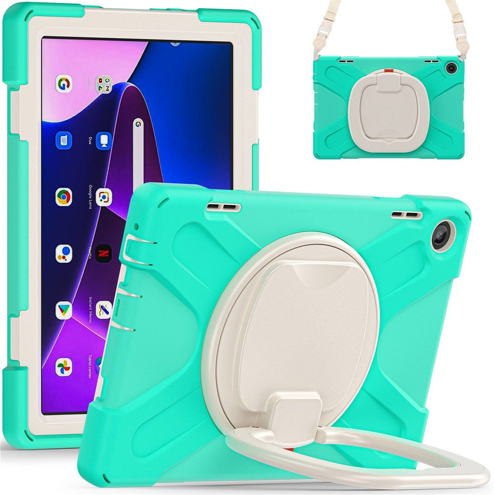 For Lenovo Tab M10 (Gen 3) TB-328FU / TB-328XU Rotary Kickstand Tablet Case PC + Silicone Anti-drop Hybrid Cover with Shoulder Strap - Mint Green