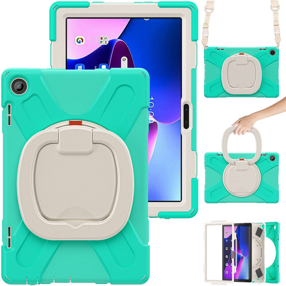 For Lenovo Tab M10 (Gen 3) TB-328FU / TB-328XU Rotary Kickstand Tablet Case PC + Silicone Anti-drop Hybrid Cover with Shoulder Strap - Mint Green