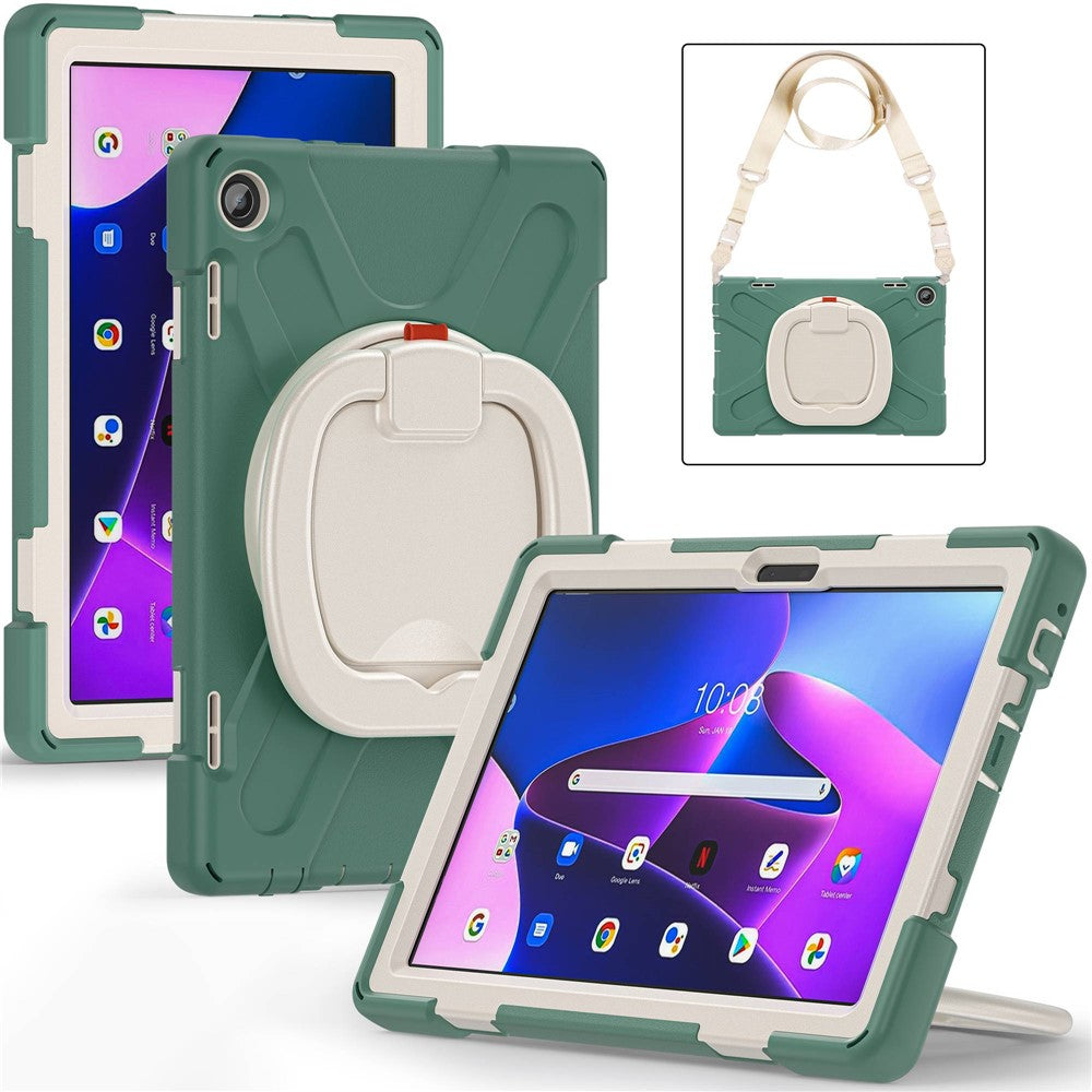 For Lenovo Tab M10 (Gen 3) TB-328FU / TB-328XU Rotary Kickstand Tablet Case PC + Silicone Anti-drop Hybrid Cover with Shoulder Strap - Dark Green