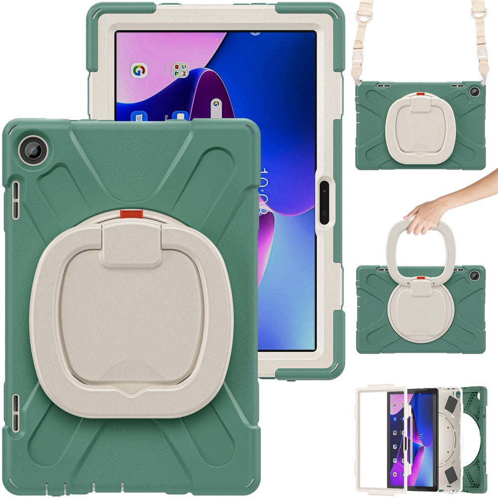 For Lenovo Tab M10 (Gen 3) TB-328FU / TB-328XU Rotary Kickstand Tablet Case PC + Silicone Anti-drop Hybrid Cover with Shoulder Strap - Dark Green