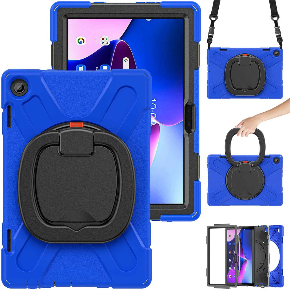 For Lenovo Tab M10 (Gen 3) TB-328FU / TB-328XU Rotary Kickstand Tablet Case PC + Silicone Anti-drop Hybrid Cover with Shoulder Strap - Blue