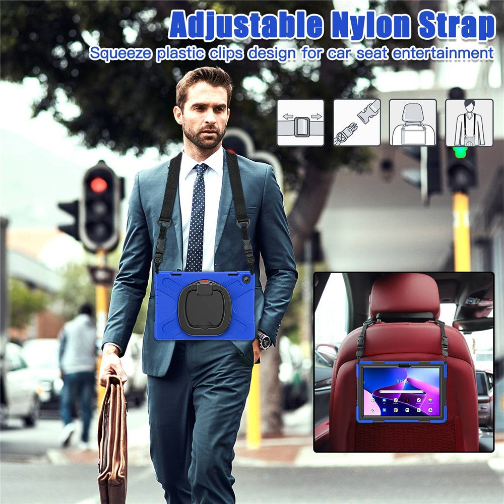 For Lenovo Tab M10 (Gen 3) TB-328FU / TB-328XU Rotary Kickstand Tablet Case PC + Silicone Anti-drop Hybrid Cover with Shoulder Strap - Blue