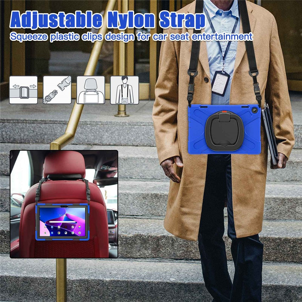 For Lenovo Tab M10 (Gen 3) TB-328FU / TB-328XU Rotary Kickstand Tablet Case PC + Silicone Anti-drop Hybrid Cover with Shoulder Strap - Blue