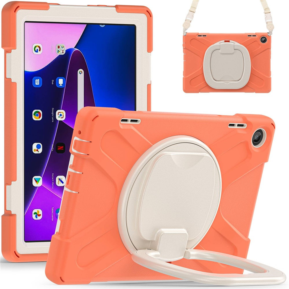 For Lenovo Tab M10 (Gen 3) TB-328FU / TB-328XU Rotary Kickstand Tablet Case PC + Silicone Anti-drop Hybrid Cover with Shoulder Strap - Orange