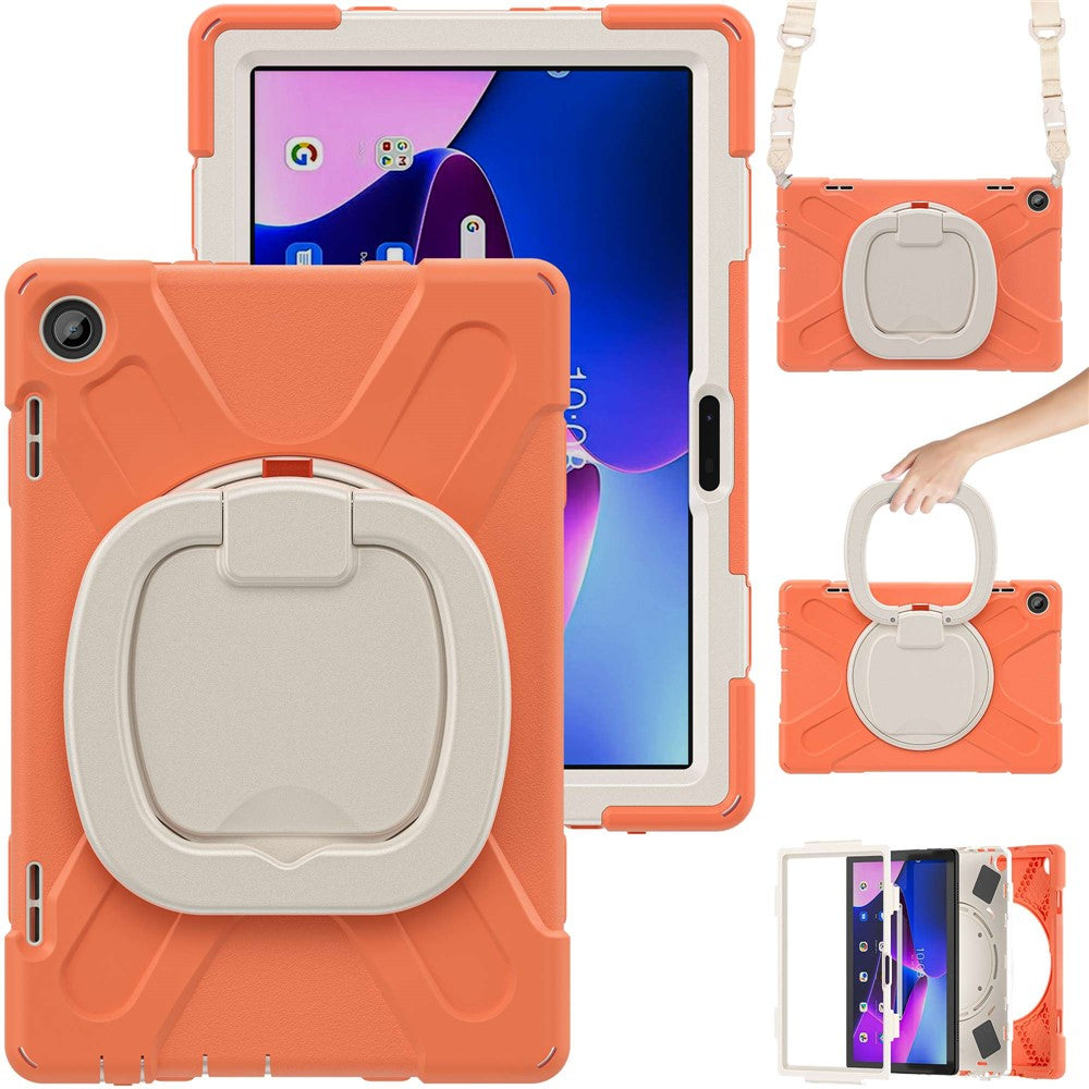 For Lenovo Tab M10 (Gen 3) TB-328FU / TB-328XU Rotary Kickstand Tablet Case PC + Silicone Anti-drop Hybrid Cover with Shoulder Strap - Orange