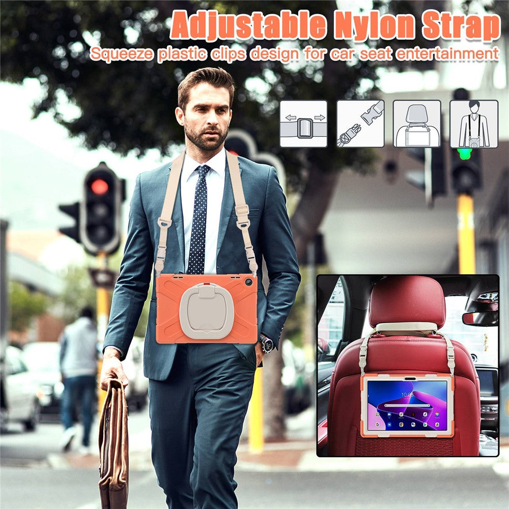 For Lenovo Tab M10 (Gen 3) TB-328FU / TB-328XU Rotary Kickstand Tablet Case PC + Silicone Anti-drop Hybrid Cover with Shoulder Strap - Orange