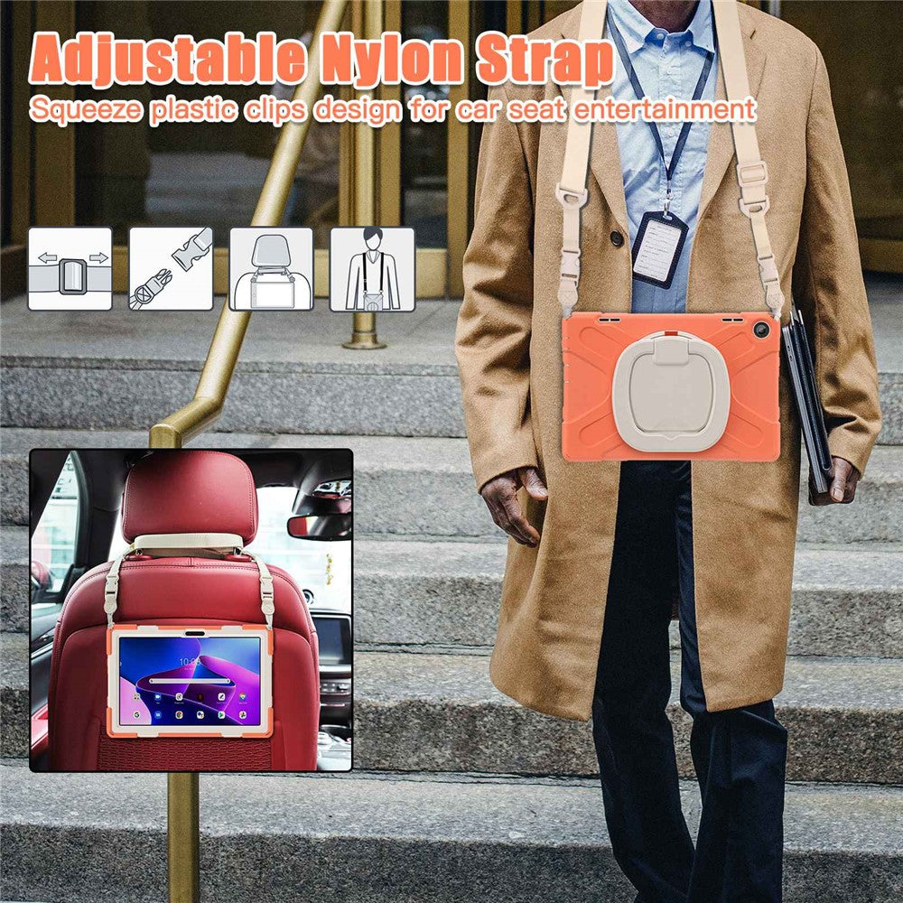 For Lenovo Tab M10 (Gen 3) TB-328FU / TB-328XU Rotary Kickstand Tablet Case PC + Silicone Anti-drop Hybrid Cover with Shoulder Strap - Orange