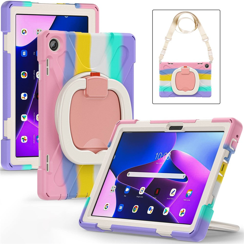 For Lenovo Tab M10 (Gen 3) TB-328FU / TB-328XU Rotary Kickstand Tablet Case PC + Silicone Anti-drop Hybrid Cover with Shoulder Strap - Colorful Pink