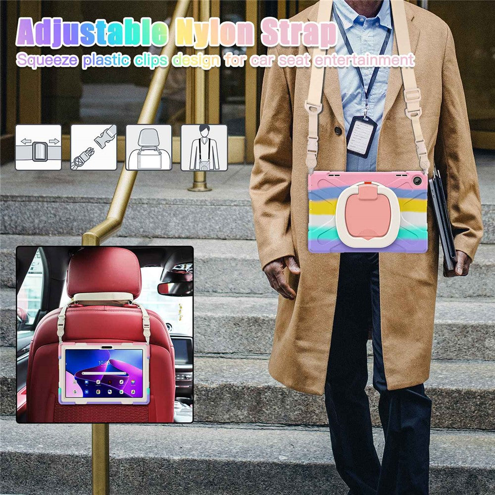For Lenovo Tab M10 (Gen 3) TB-328FU / TB-328XU Rotary Kickstand Tablet Case PC + Silicone Anti-drop Hybrid Cover with Shoulder Strap - Colorful Pink