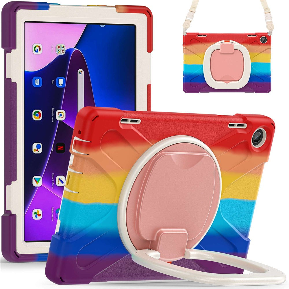 For Lenovo Tab M10 (Gen 3) TB-328FU / TB-328XU Rotary Kickstand Tablet Case PC + Silicone Anti-drop Hybrid Cover with Shoulder Strap - Colorful Red