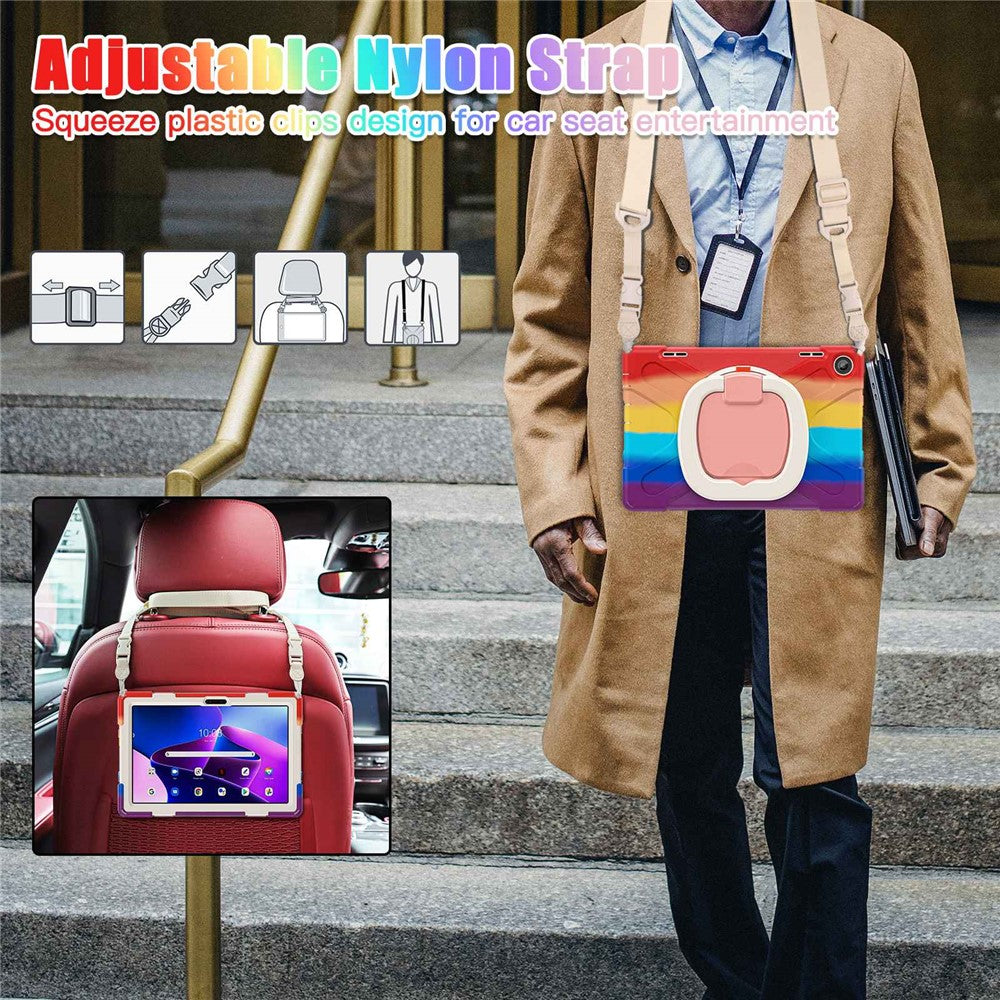 For Lenovo Tab M10 (Gen 3) TB-328FU / TB-328XU Rotary Kickstand Tablet Case PC + Silicone Anti-drop Hybrid Cover with Shoulder Strap - Colorful Red