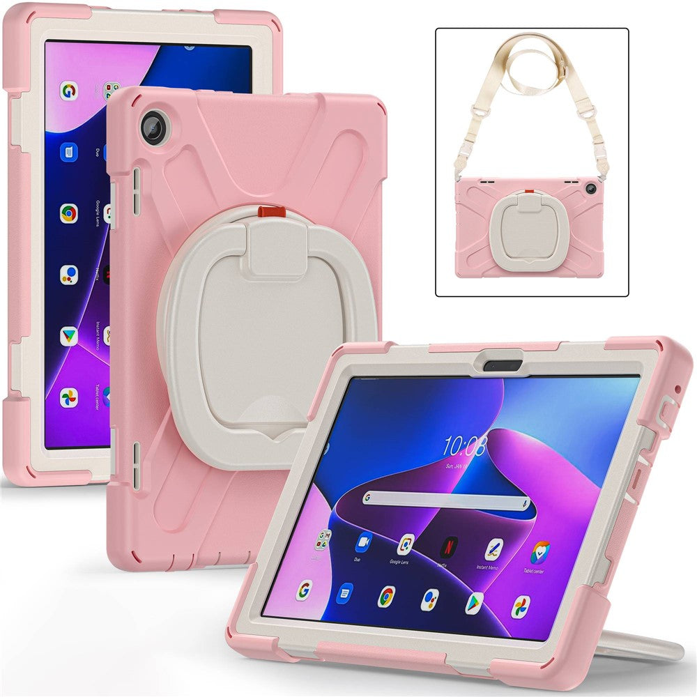For Lenovo Tab M10 (Gen 3) TB-328FU / TB-328XU Rotary Kickstand Tablet Case PC + Silicone Anti-drop Hybrid Cover with Shoulder Strap - Pink
